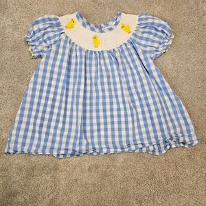Blue Gingham Smocked Baby Dress XS | Yellow Duck Embroidery | Puff Sleeves |
